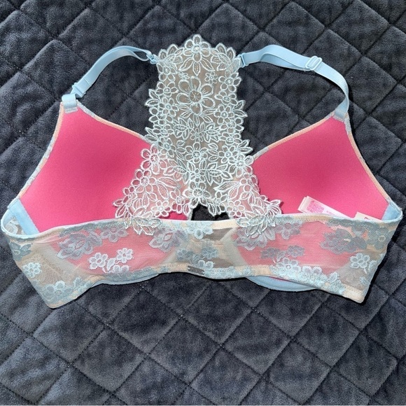 Victoria Secret PINK 32D Bra front closure Padded Push Up Underwired Floral lace - Picture 3 of 6